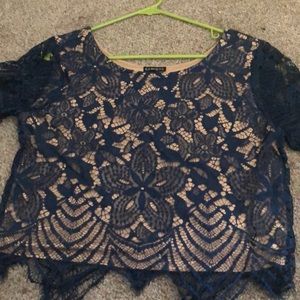 Blue and tan Express crotchet top.